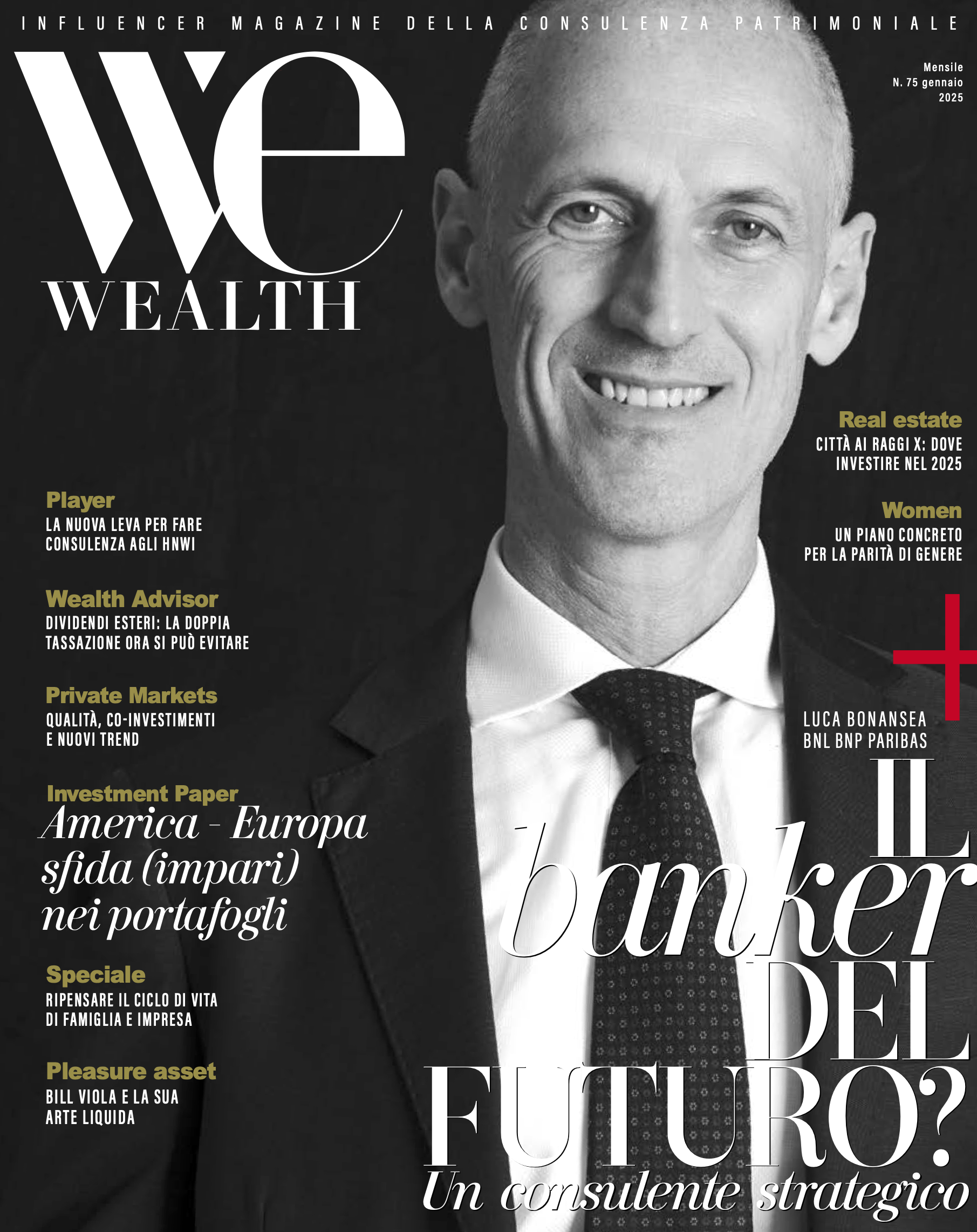 Copertina di una rivista in bianco e nero raffigurante un uomo sorridente in giacca e cravatta. Il titolo recita "banchiere del futuro?" con testo aggiuntivo in italiano su strategie finanziarie e mercati globali.