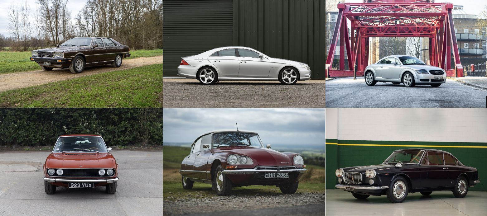 Un collage di sei auto d'epoca cattura il fascino senza tempo dell'eleganza automobilistica: un'auto classica marrone su un sentiero sterrato, un'auto di lusso argentata vicino a un edificio verde, un'auto sportiva argentata su un ponte rosso e molto altro. Questo omaggio alla storia dell'auto è tanto accattivante oggi quanto lo sarà nel 2025.