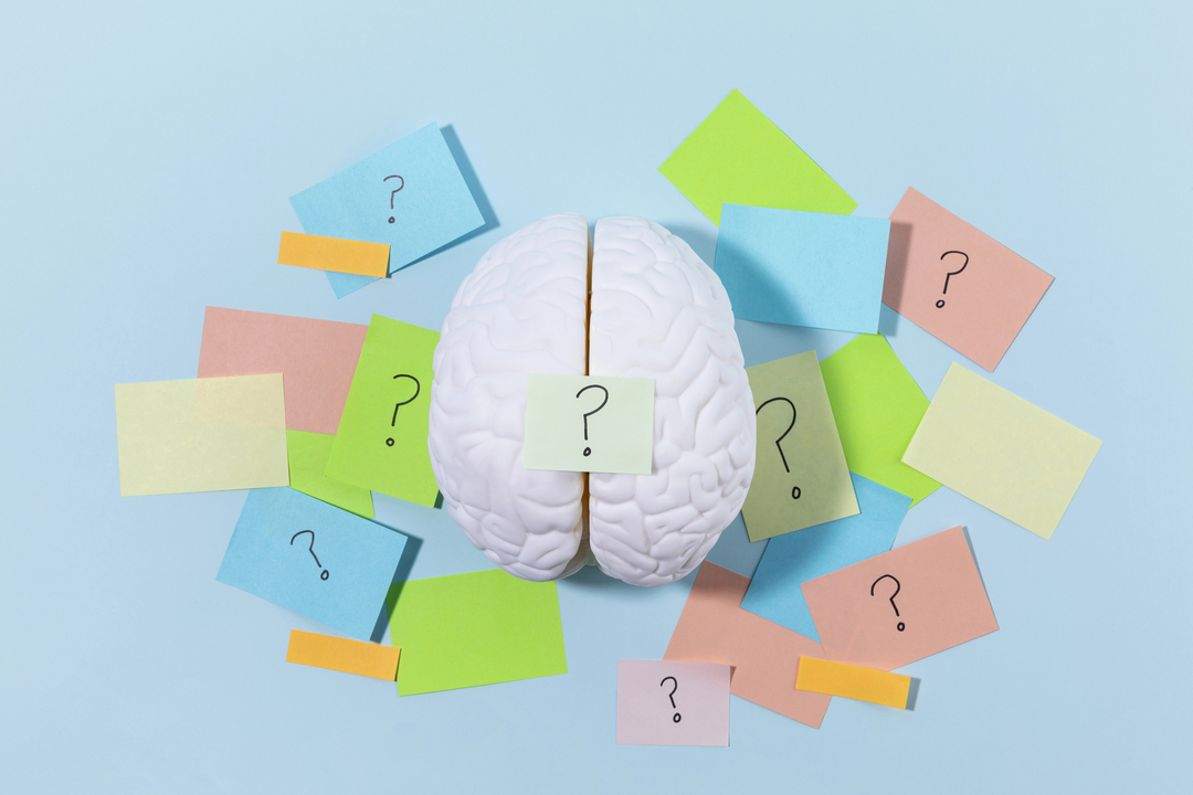 Un modello di cervello bianco è appoggiato su uno sfondo azzurro circondato da post-it colorati, ognuno con un punto interrogativo. I vivaci post-it (verde, giallo, rosa, blu e arancione) sembrano mappare le idee verso Mercati 2025.