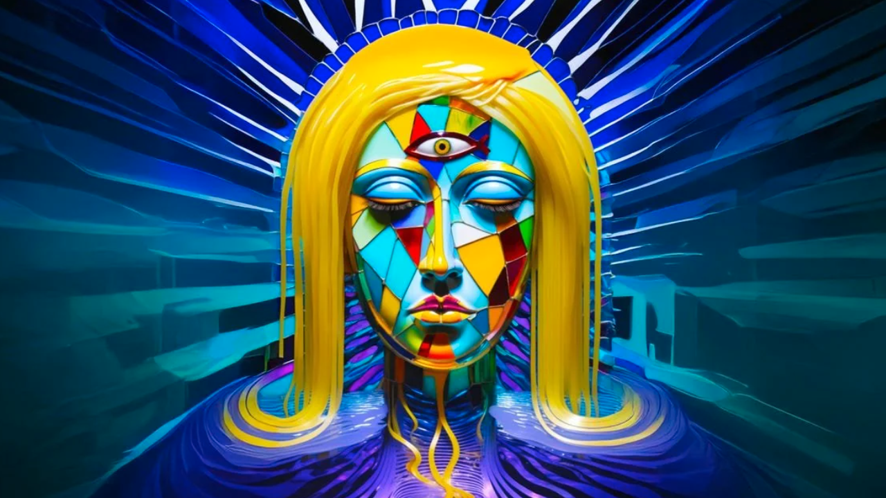 Opera d'arte digitale colorata di un volto sereno con un terzo occhio, composta da motivi geometrici simili a vetrate colorate. Il volto ha lunghi capelli gialli ed è circondato da uno sfondo blu radioso, che crea un'aura mistica e spirituale.