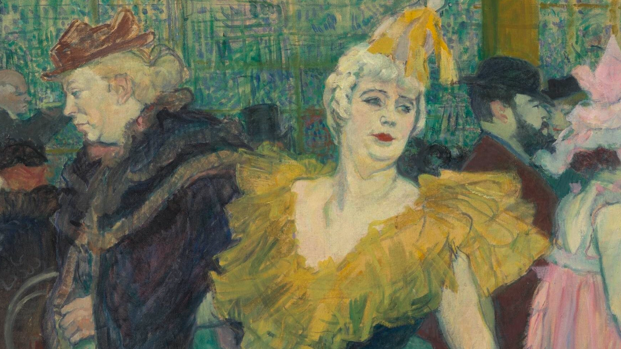 Un dipinto raffigurante una scena vivace con persone in abiti colorati a un ritrovo sociale. In primo piano, sono evidenziati due individui: uno con un cappello marrone e un cappotto scuro, e un altro con i capelli chiari che indossa balze gialle e un copricapo di piume.