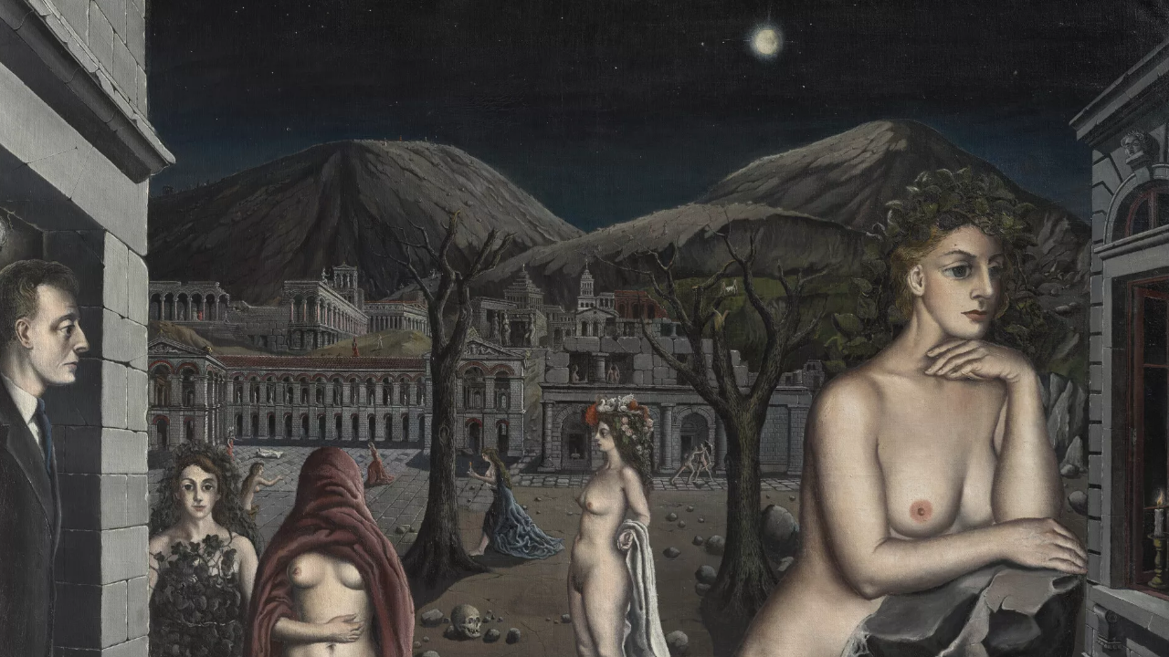 aste londra 2025. dipinto di paul delvaux. Dipinto surreale raffigurante quattro figure nude in un paesaggio arido, con architettura classica e montagne sullo sfondo. Il cielo è scuro con una stella luminosa. Una figura è avvolta in un panno rosso, mentre le altre sono in piedi e contemplative.