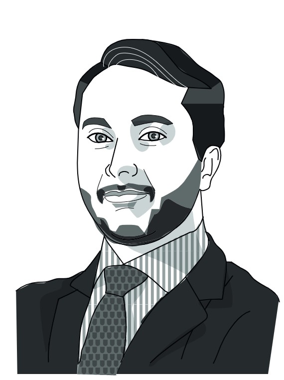 Ritratto illustrato in bianco e nero di Vincenzo Donadio, senior associate di Hogan Lovells Studio Legale, con camicia a righe, giacca e cravatta. L'uomo ha i capelli corti e scuri e la barba, e sorride leggermente, guardando direttamente l'osservatore.