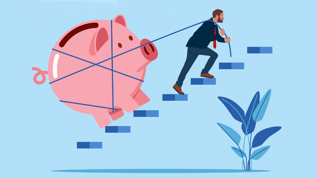 Illustrazione di una persona che sale le scale mentre trascina un grande salvadanaio su ruote, simbolo di crescita finanziaria sostenibile. Una pianta, che rappresenta la sostenibilita, è posta alla base delle scale su uno sfondo azzurro.