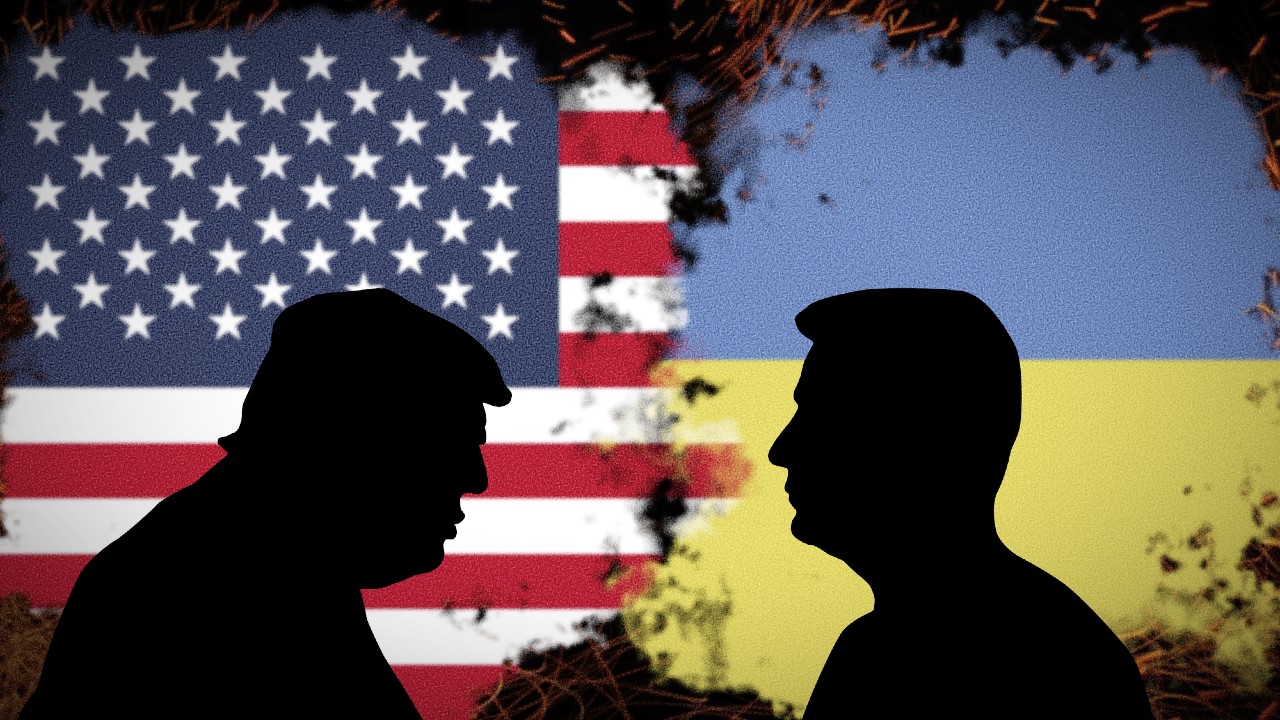 Sagome di due persone una di fronte all'altra, su uno sfondo con bordi strappati che mostrano la bandiera americana da un lato e quella ucraina dall'altro.