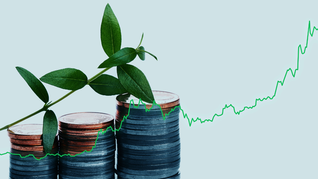 Pile di monete con una pianta verde che cresce dalla cima simboleggiano investimenti sostenibili e crescita finanziaria. Un grafico a linee verdi sullo sfondo indica una tendenza al rialzo, che trasmette progresso e prosperità.