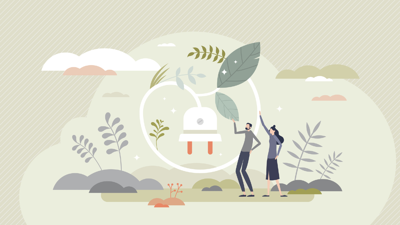 Illustrazione di due persone in piedi di fronte a una grande spina, circondate da verde mutuo e foglie, che simboleggiano l'energia ecosostenibile. Lo sfondo presenta nuvole e forme astratte di piante sotto una tavolozza di colori verde chiaro.
