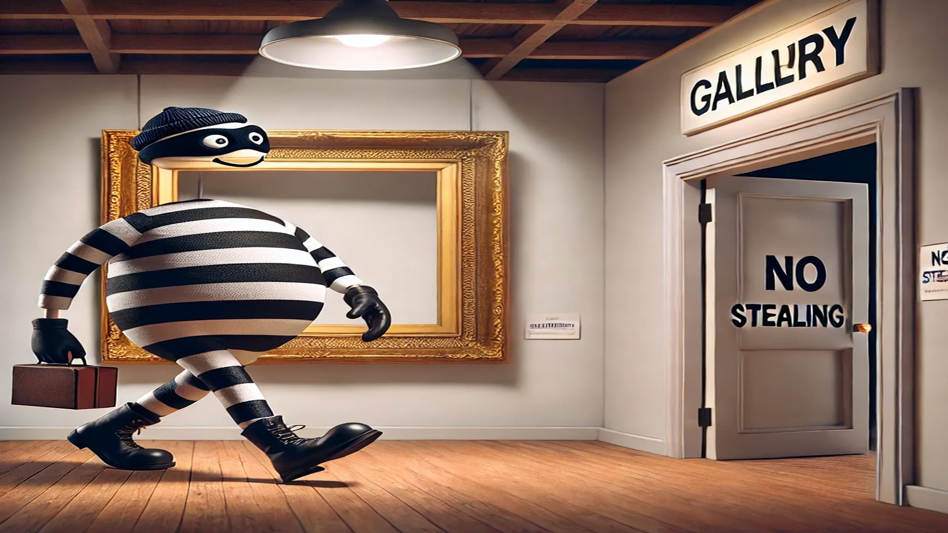 Un ladro da cartone animato con un vestito a strisce bianche e nere entra allegramente in una galleria d'arte con un cartello che dice "NO STEALING" sopra la porta. Porta una piccola valigetta e indossa un berretto. Una cornice vuota è appesa al muro.