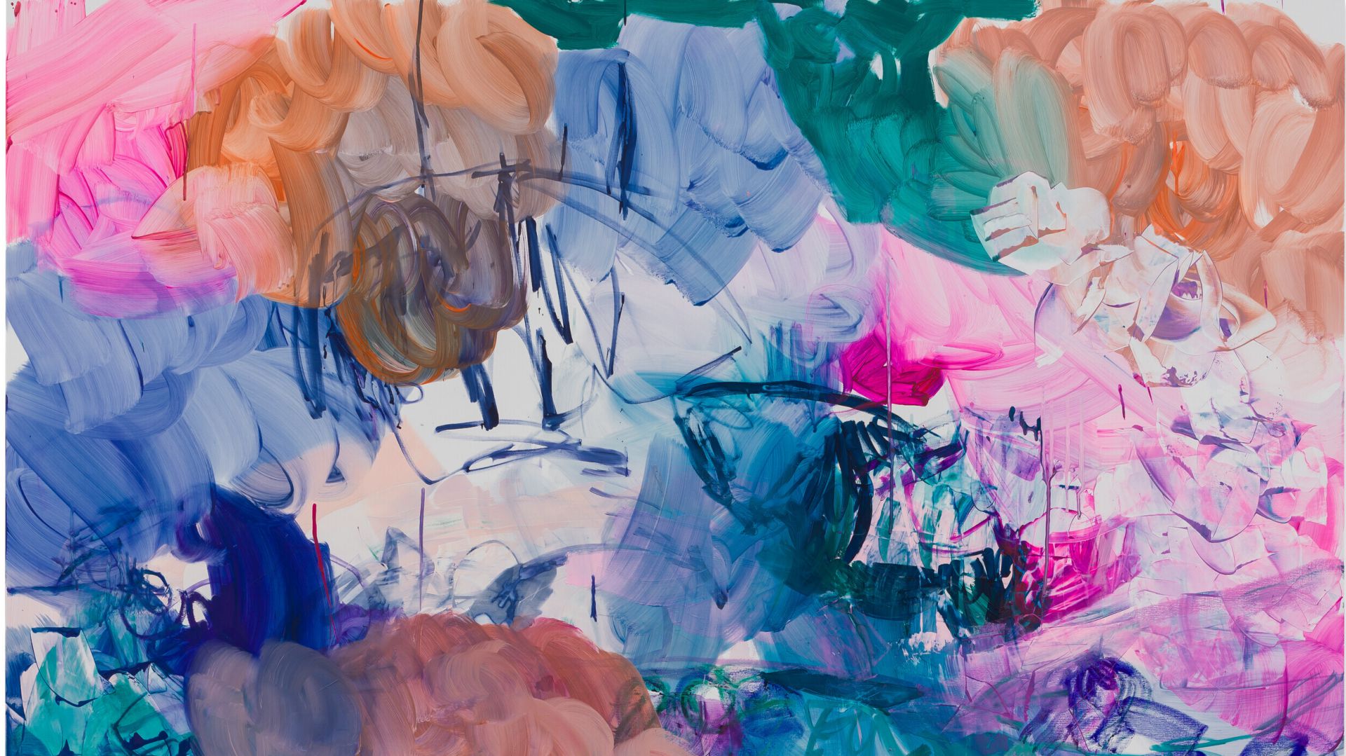 Un dipinto astratto con pennellate vibranti in rosa, blu, verde e arancione. I colori si fondono e si sovrappongono, creando un effetto vorticoso e dinamico.
