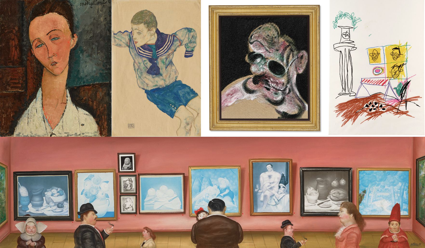 Un collage di dipinti e disegni evoca una visita a una galleria. In alto a sinistra: Ritratto con lineamenti allungati, forse un cenno all'eleganza di Sophia Loren. In alto al centro: Bambina in tenuta da marinaio. In alto a destra: Volto astratto, natura morta con sedie. In basso: Ammiratori di Christie's che guardano capolavori d'arte surreali.