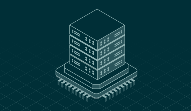 Illustrazione isometrica di una torre server che ricorda un chip CPU. Il design, simile a un data center, presenta tre livelli server impilati in cima a una scheda di circuito, su uno sfondo di griglia scura. L'immagine simboleggia la tecnologia di archiviazione ed elaborazione dati.