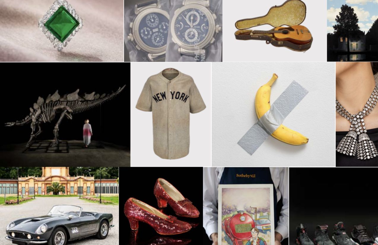 Un collage di immagini: anello di smeraldo, orologio, violino nella custodia, edificio storico, scheletro di dinosauro, maglia vintage, banana legata con nastro adesivo, collana di gioielli, auto d'epoca, scarpe color rubino, libro per bambini e soldati.
