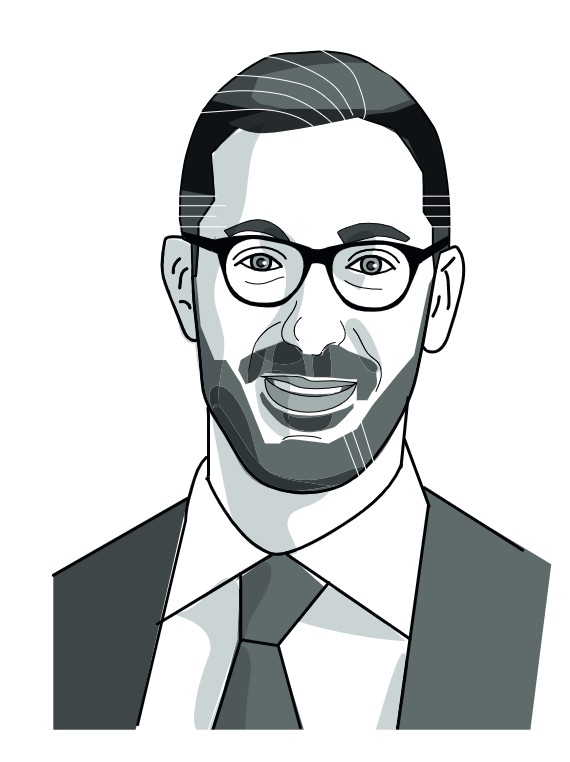 Illustrazione di Roberto Bonomi, partner team Private client and tax di Withers, sorridente con occhiali e barba, che indossa un completo e una cravatta. Il disegno utilizza tonalità di bianco e nero con contorni netti.