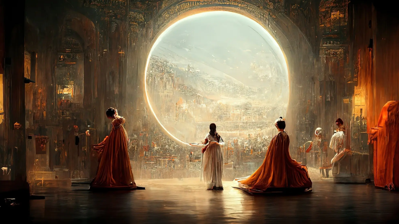 Una scena fantasy con tre figure elegantemente vestite in piedi davanti a un grande portale circolare luminoso. Attraverso il portale, sono visibili un pittoresco paesaggio urbano e montagne. Le figure indossano abiti fluenti e sono posizionate in modo drammatico.