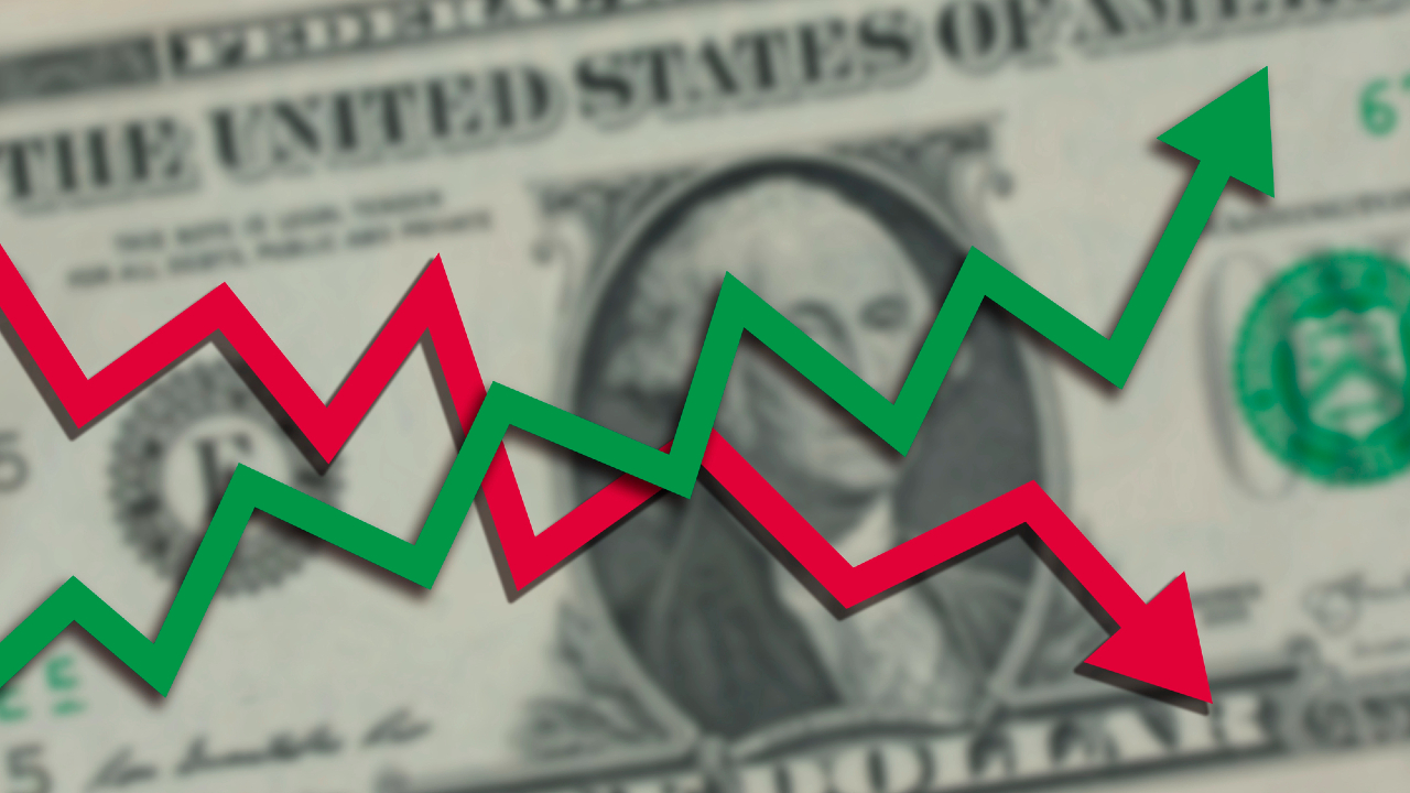 Una banconota da un dollaro statunitense con linee a zigzag sovrapposte e l'aggiunta di azioni; una linea verde verso l'alto e una linea rossa verso il basso, che simboleggiano le fluttuazioni finanziarie o le tendenze del mercato.