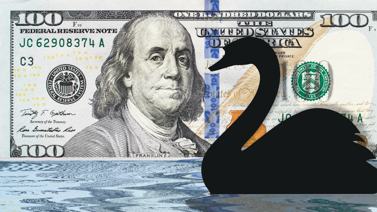 La silhouette di un cigno nero adorna l'acqua increspata contro una banconota da cento dollari degli Stati Uniti raffigurante Benjamin Franklin. Il cigno nero è al centro, in piedi elegantemente di fronte all'intricato disegno della banconota.