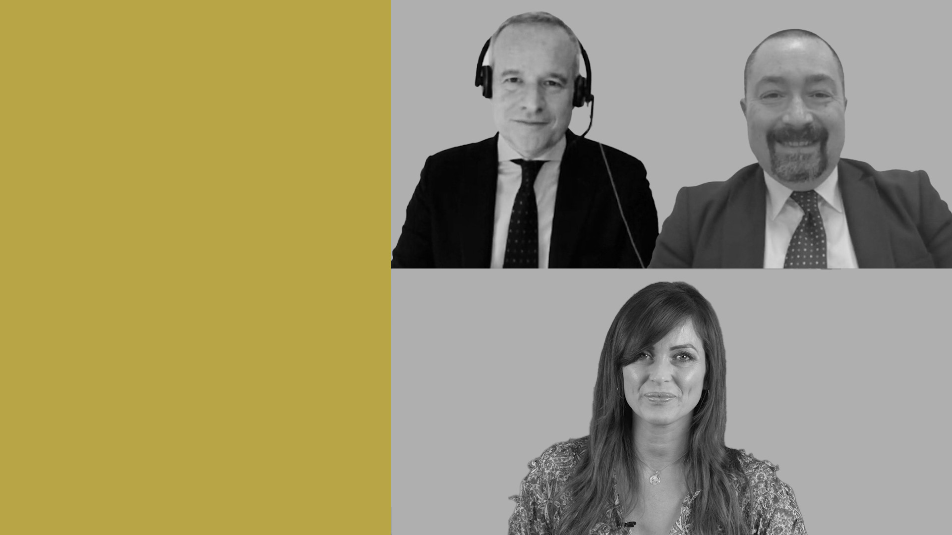 Un'immagine a schermo diviso con due uomini in giacca e cravatta sopra e una donna sotto. L'uomo a sinistra indossa un casco, l'uomo a destra sorride con cravatta e giacca e la donna indossa un top fantasia. Il terzo sinistro dell'immagine è di un solido color senape.