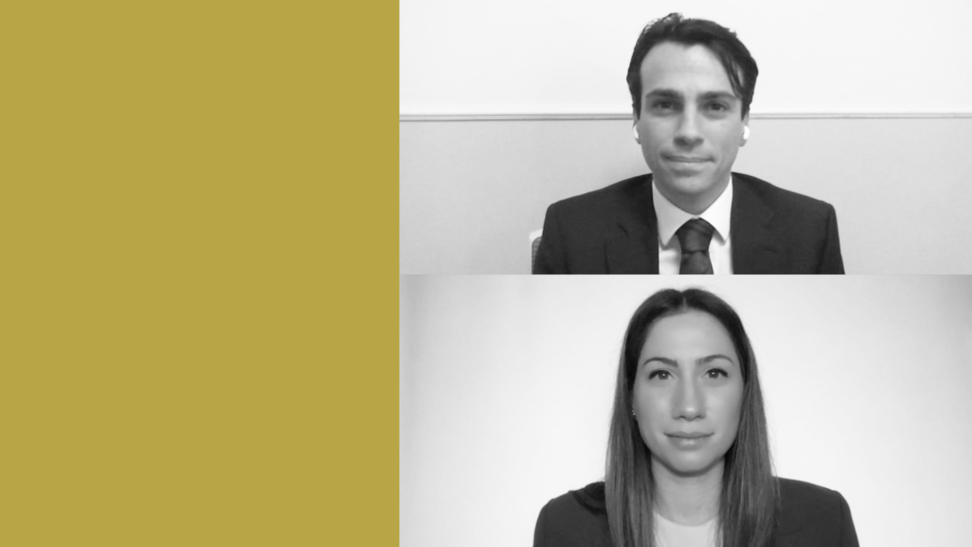 Immagine in bianco e nero raffigurante Gabriel Debach, market analyst di eToro e Rita Annunziata, durante la diretta Weekly Bell, in cornici separate, entrambi vestiti in tailleur. L'uomo, che rappresenta gli investimenti, è sopra la donna; entrambi guardano con sicurezza la telecamera contro uno sfondo semplice. Un pannello giallo senape impreziosisce il lato sinistro dell'immagine.