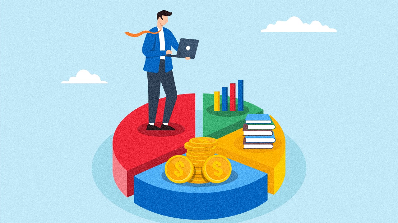 Illustrazione di una persona in piedi su un grande grafico a torta, con in mano un computer portatile. Le sezioni del grafico a torta contengono monete, libri impilati e grafici a barre, che rappresentano dati finanziari e istruzione. Le nuvole sono sullo sfondo del cielo azzurro.
