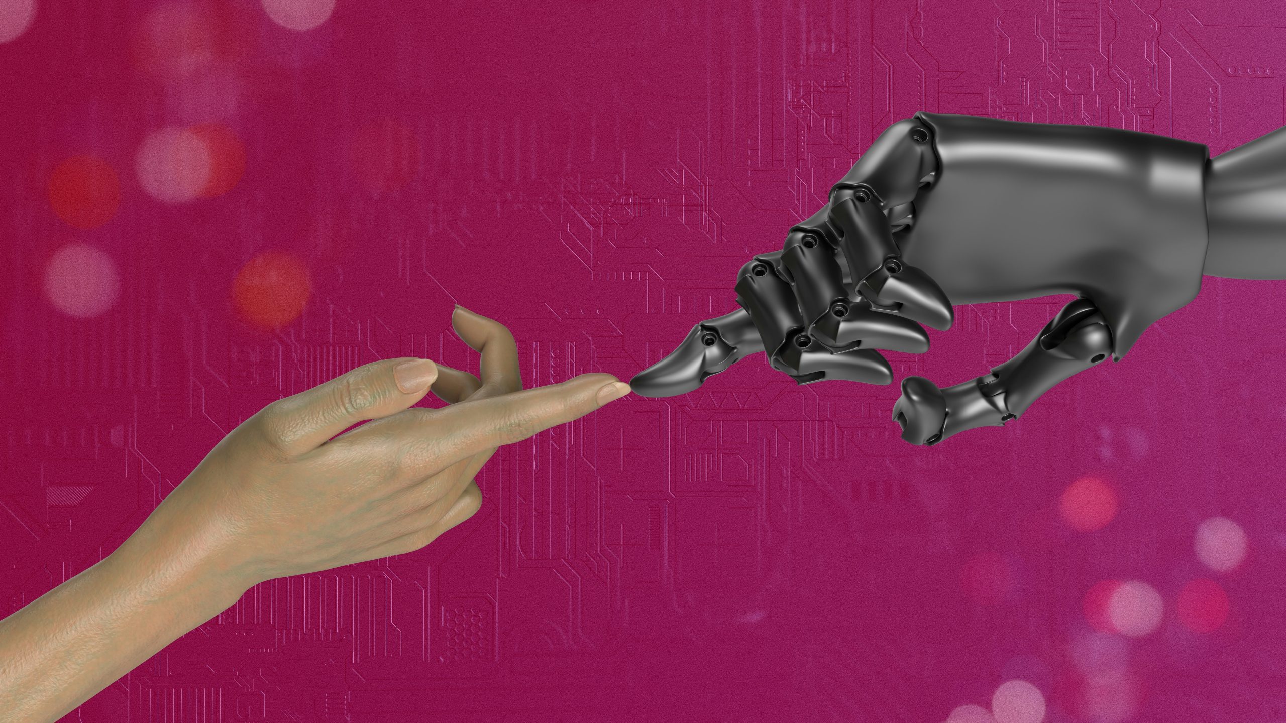 Una mano umana e una robotica, che simboleggiano l'armonia dell'intelligenza artificiale, si avvicinano l'una all'altra su uno sfondo rosa con motivo a circuito, che ricorda le radici innovative di DeepSek in Cina. I loro indici quasi si toccano, creando un ponte tra i regni organico e sintetico.