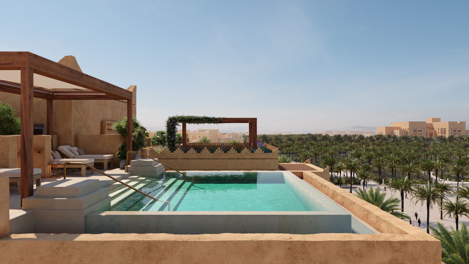 Una lussuosa piscina a sfioro sul tetto con tettoia in legno e sedie a sdraio si affaccia su un vasto palmeto sotto un cielo azzurro e terso. Il paesaggio desertico sullo sfondo contribuisce all'atmosfera serena e opulenta.