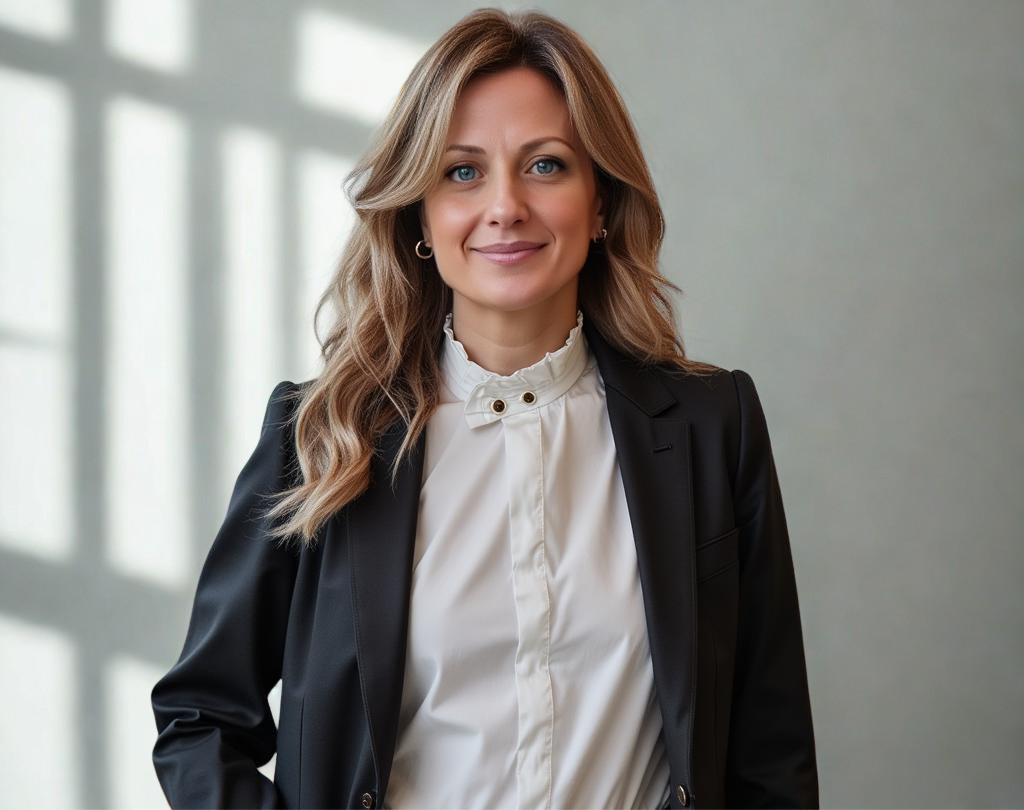Una donna con lunghi capelli biondi e ondulati, che indossa un blazer nero sopra una camicetta bianca con volant, è in piedi con sicurezza, sorridendo leggermente, davanti a uno sfondo neutro, leggermente illuminato e con le ombre delle finestre.