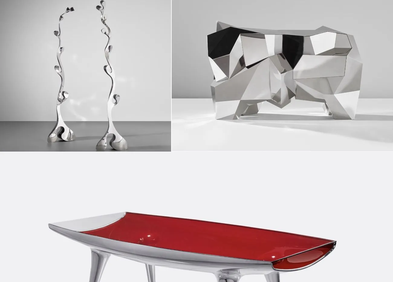 Un collage che mostra due alte sculture in argento dalla forma organica, una scultura geometrica a forma di orso in argento e un elegante tavolo in argento con un piano rosso lucido.