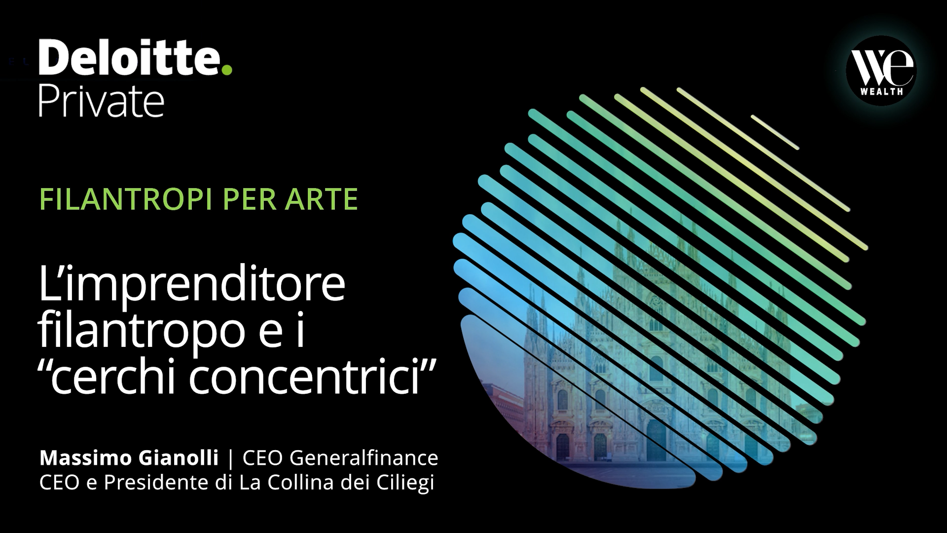 Grafica promozionale per un evento privato di Deloitte, con un'immagine circolare a strisce di una chiesa storica. Il testo include i dettagli dell'evento con Massimo Gianolli, imprenditore filantropo, che discuterà di filantropia e imprenditorialità, ospitato da WE Wealth.