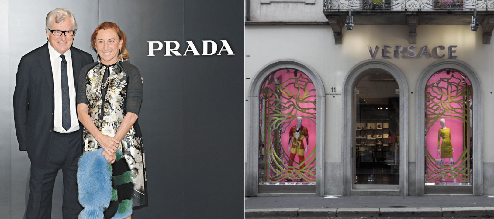 Un uomo e una donna in abiti eleganti sono in piedi accanto al logo Prada sulla sinistra. Sulla destra, la facciata di un negozio Versace presenta vetrine colorate con manichini vestiti di giallo su uno sfondo rosa acceso.