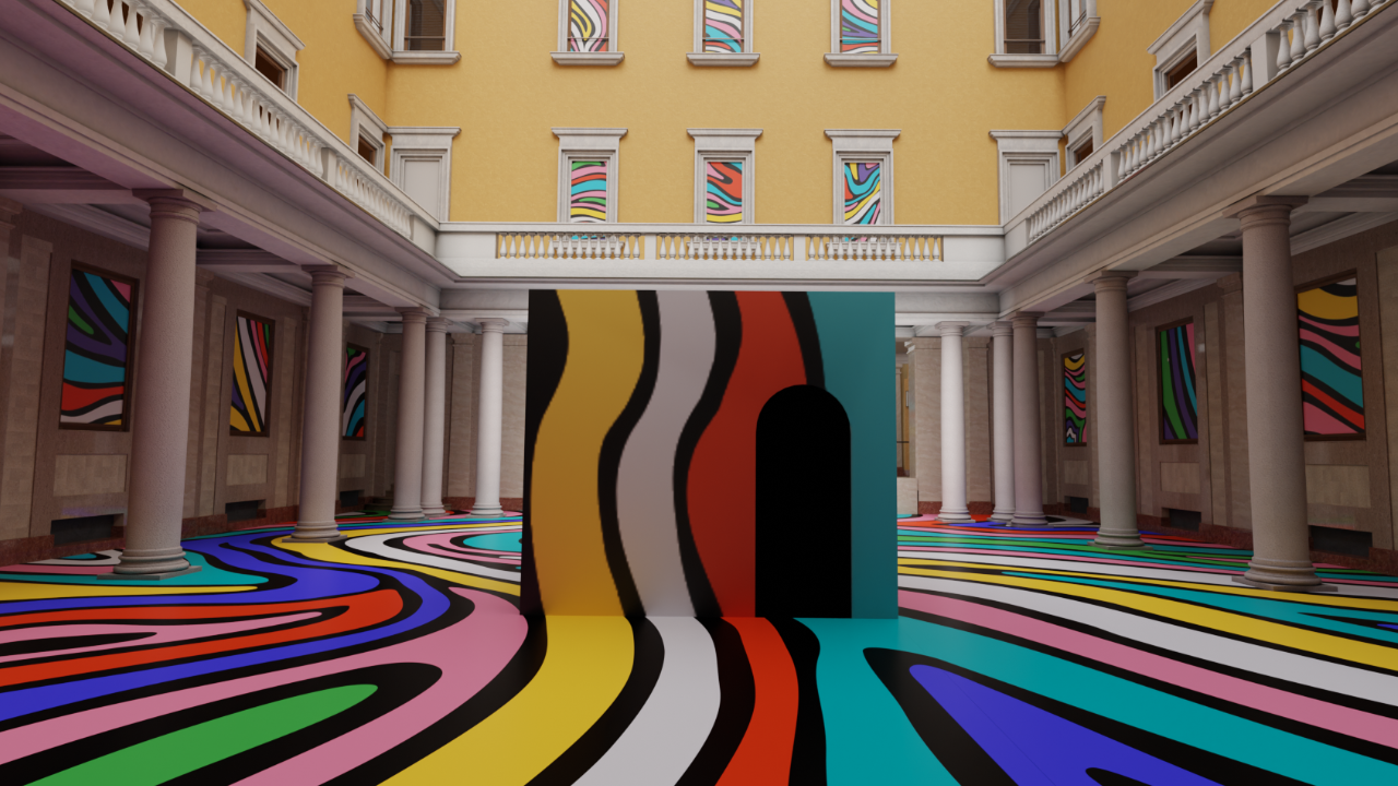 fuorisalone 2025. Un'installazione vibrante riempie una grande sala con motivi colorati e ondulati sul pavimento e sulle pareti. Colonne di marmo sostengono un livello di balcone, con finestre circondate da arte astratta. Un cubo al centro presenta onde audaci e colorate simili.
