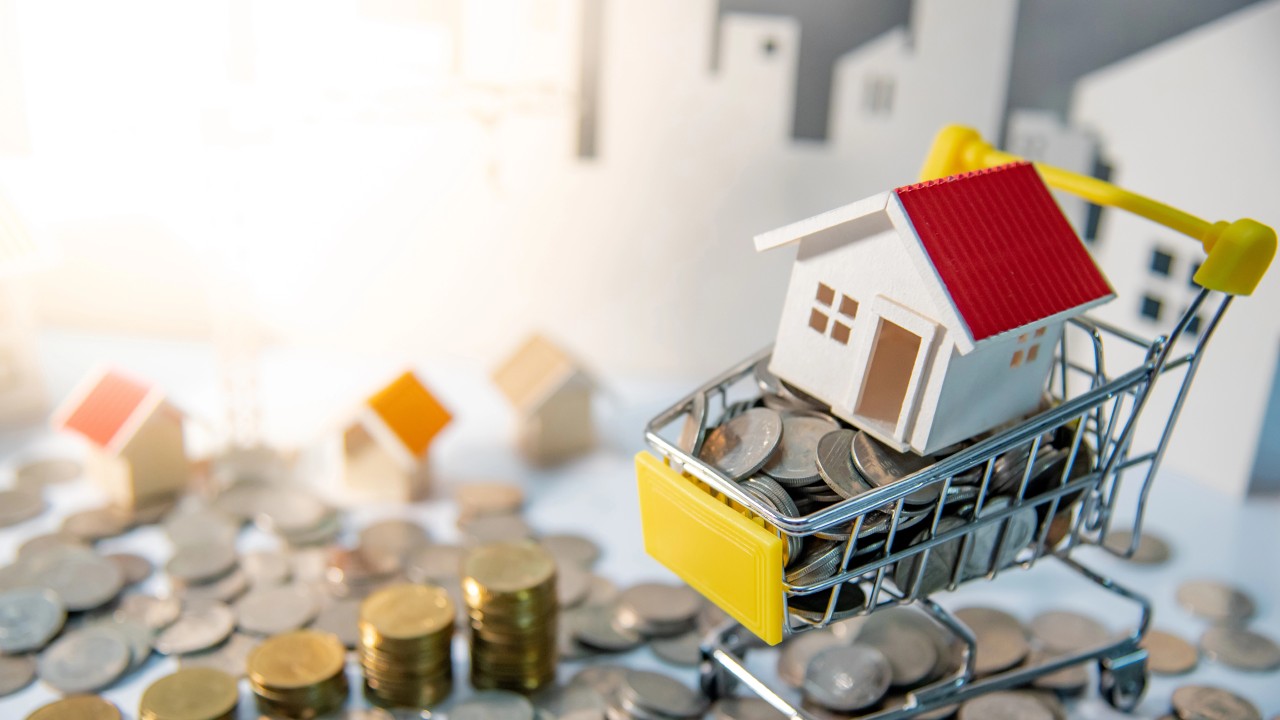 Una casa in miniatura con un tetto rosso è inserita in un piccolo carrello della spesa circondata da pile e monete sparse, a simboleggiare investimenti immobiliari o strategie per acquistare un immobile. È possibile comprare casa senza soldi?