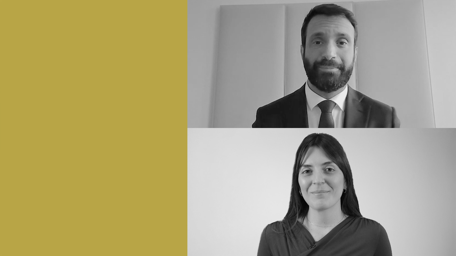 Immagine divisa: la metà superiore mostra un uomo con la barba in giacca e cravatta, la metà inferiore mostra una donna con i capelli lunghi che indossa una camicetta. Entrambe appaiono in scala di grigi su uno sfondo semplice. Il lato sinistro è di un solido color senape.