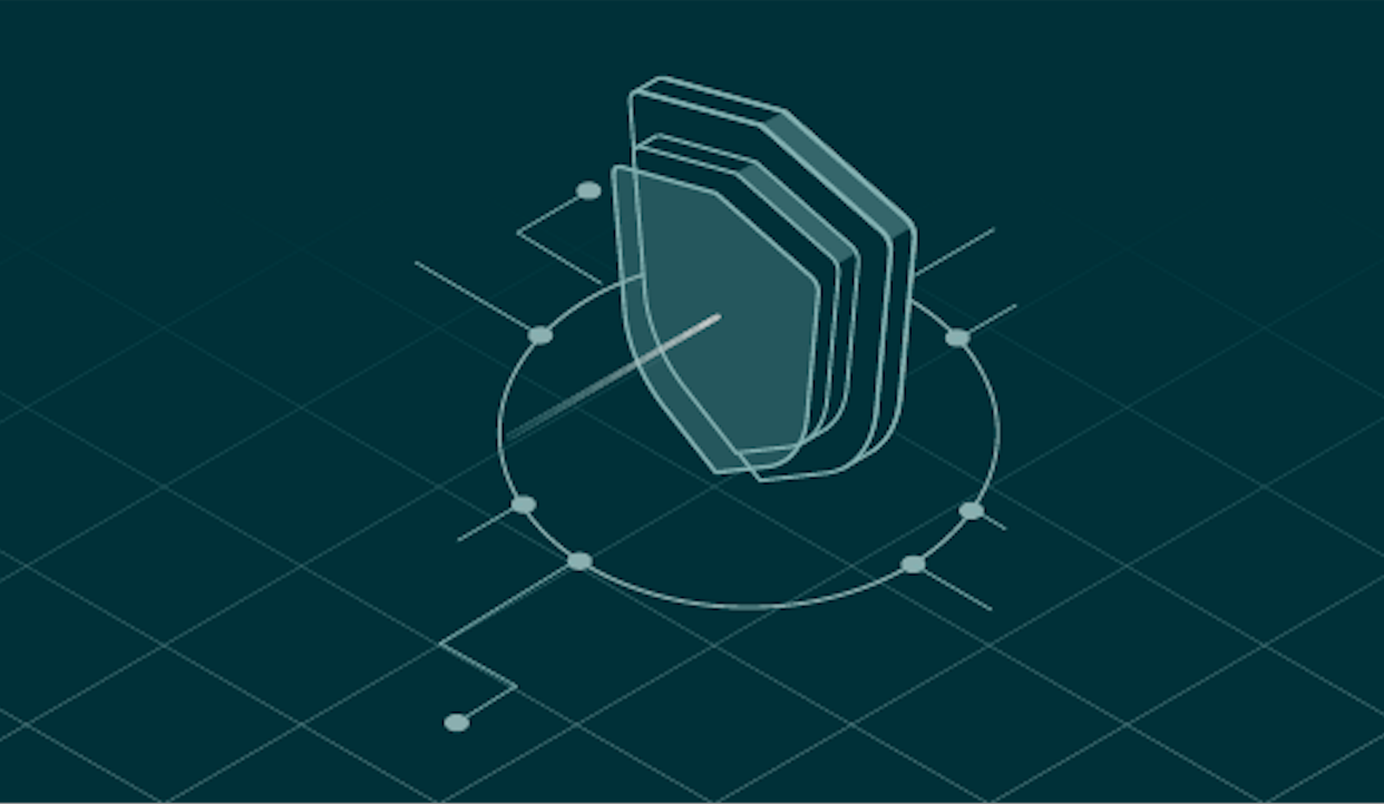 Rappresentazione grafica del simbolo di uno scudo tridimensionale all'interno di una griglia circolare, collegato tramite linee a piccoli nodi, che rappresentano la sicurezza o la protezione digitale.