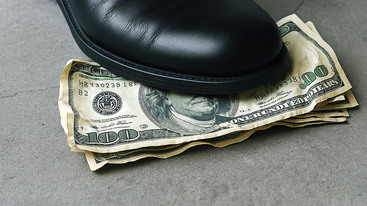 Una scarpa nera calpesta una pila di banconote da cento dollari statunitensi, appoggiate su una superficie di cemento grigio. La scarpa è lucidata e le banconote sono leggermente sgualcite.