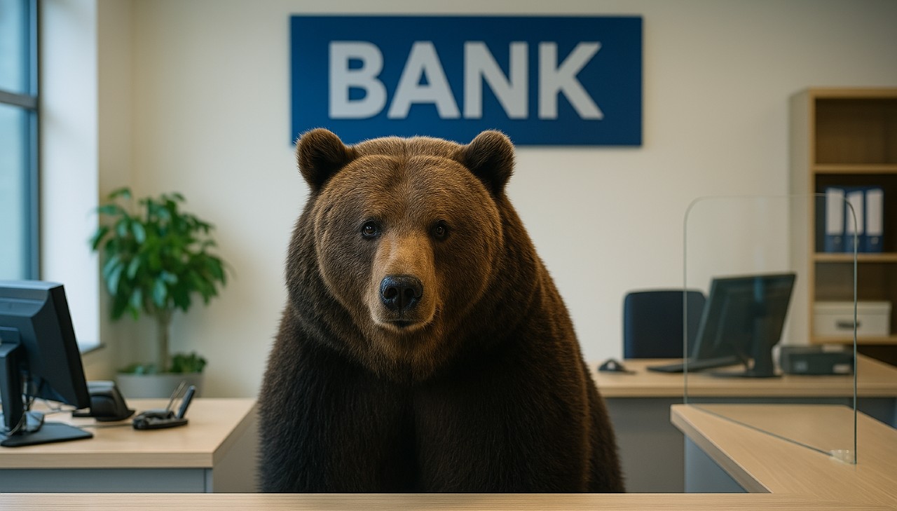 Un grande orso è in piedi dietro lo sportello di una banca in un ufficio, con un cartello "BANK" sul muro dietro di esso. L'ufficio è dotato di computer, una pianta e scaffali organizzati, creando una scena divertente.
