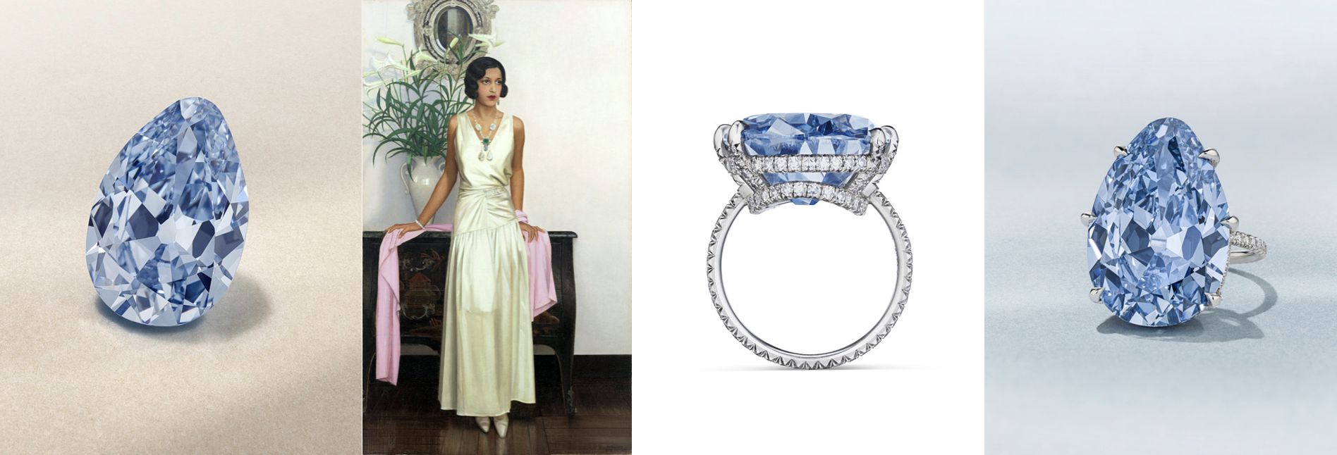 Un collage che mostra un grande diamante blu a forma di pera, una donna con un elegante abito bianco che indossa gioielli, un primo piano di un anello con diamante blu e una vista laterale dello stesso anello.