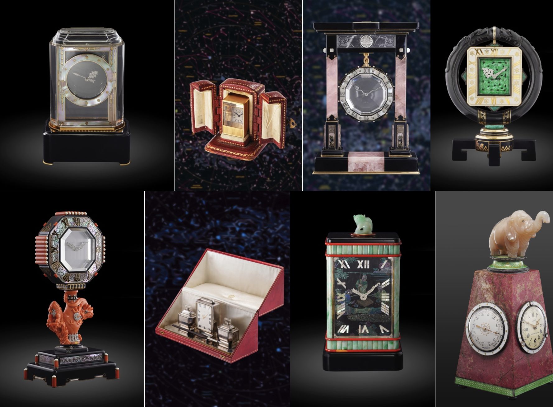 Un collage di otto orologi da scrivania vintage decorati, ciascuno con design, materiali e forme unici, tra cui pietre preziose, figure di animali e dettagli intricati, esposti su sfondi scuri e astratti.