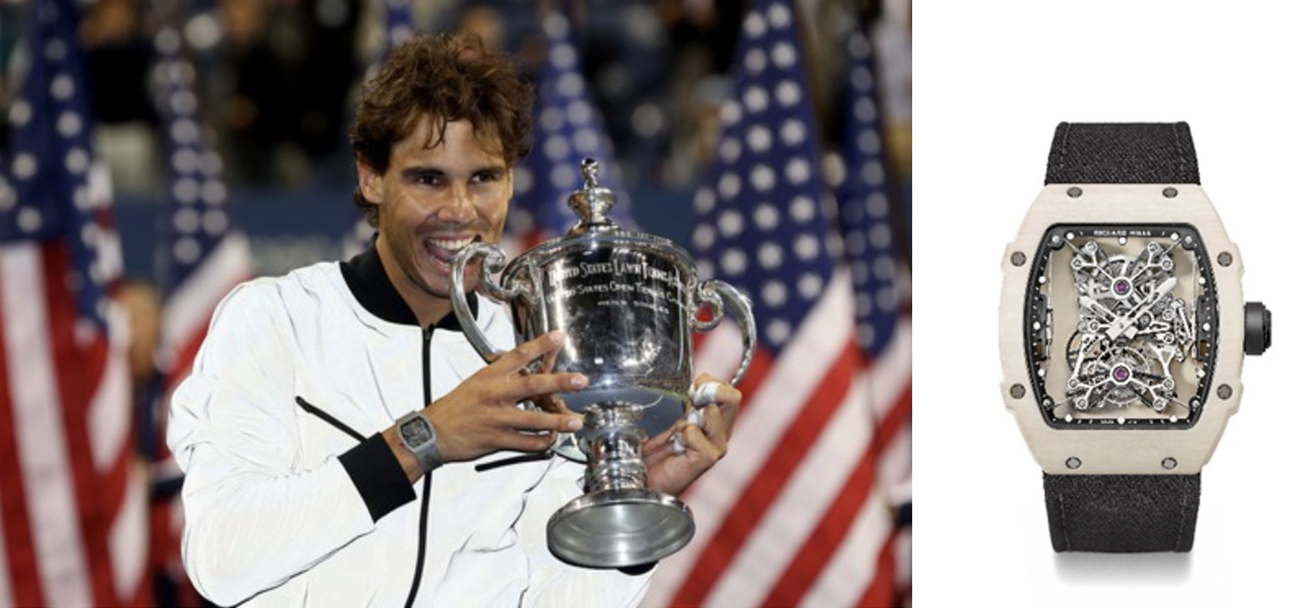 Un tennista in giacca bianca morde un trofeo d'argento, con bandiere americane sullo sfondo. Sulla destra, è mostrato un primo piano di un orologio da polso di lusso in stile scheletrato con cinturino in tessuto.