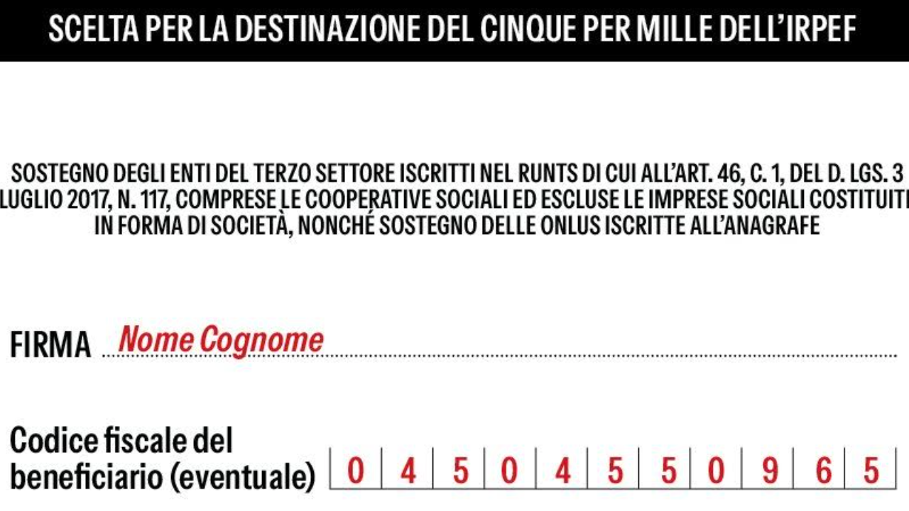 Sezione del modello di dichiarazione dei redditi per la destinazione del 5 per mille dell'IRPEF agli enti del terzo settore, con spazi per la firma, il nome, il cognome e il codice fiscale del beneficiario.