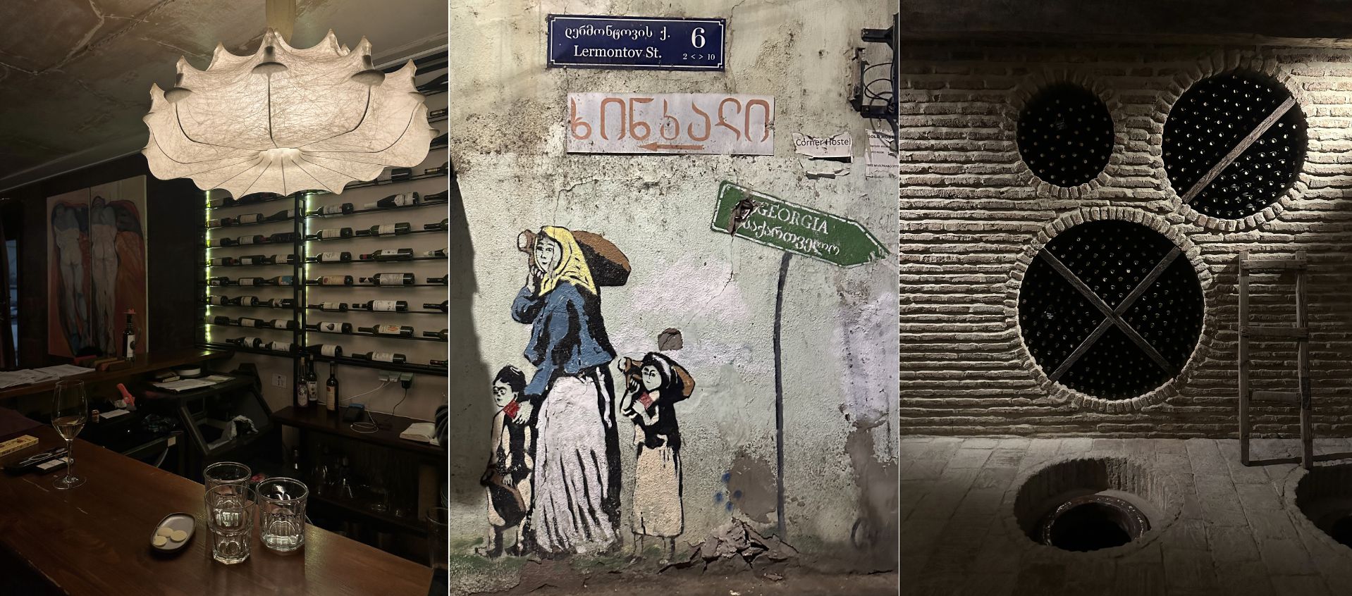 Tre foto affiancate: un bar scarsamente illuminato con scaffali pieni di bottiglie di vino, un murale di una donna e dei bambini vicino a un cartello stradale e una cantina rustica con bottiglie su scaffali circolari in mattoni.