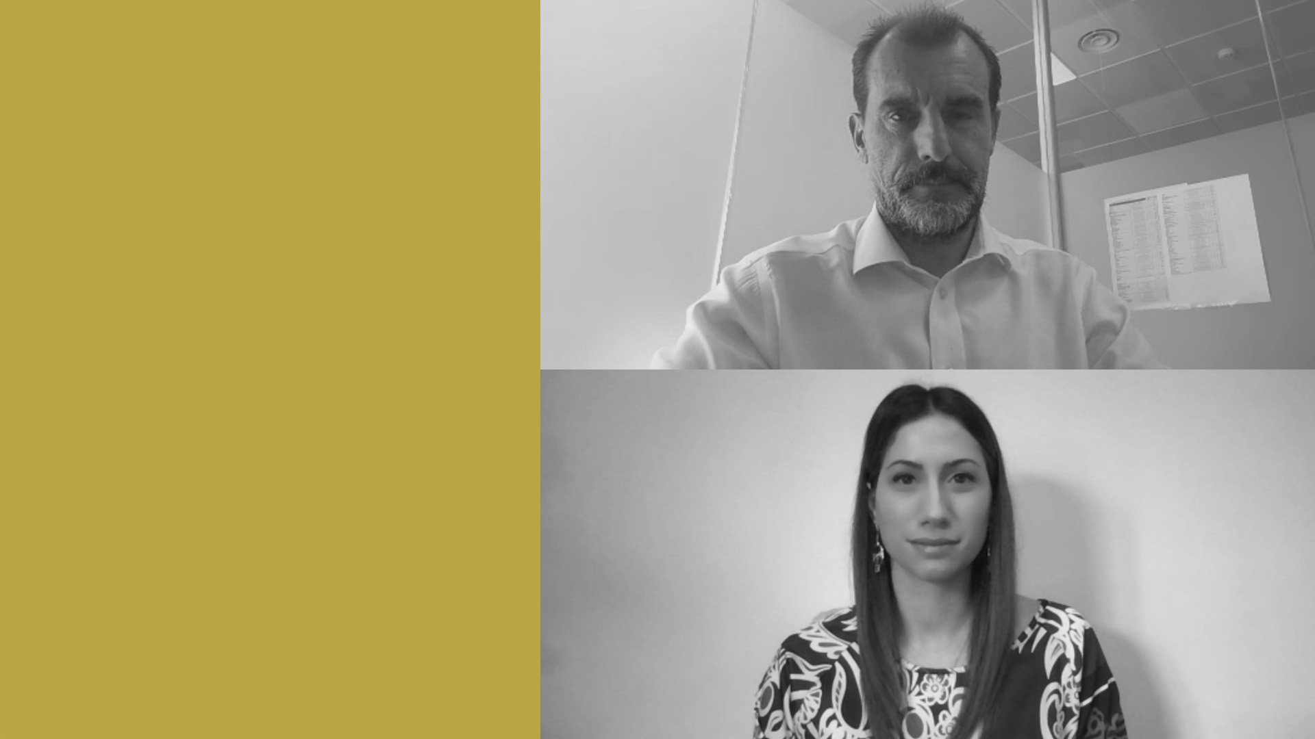Due persone in inquadrature separate di una videochiamata – un uomo con una camicia chiara e una donna con un top a fantasia – guardano la telecamera. Il terzo sinistro dell'immagine è di un giallo senape intenso, che cattura lo spirito del legame con la Festa della Liberazione.