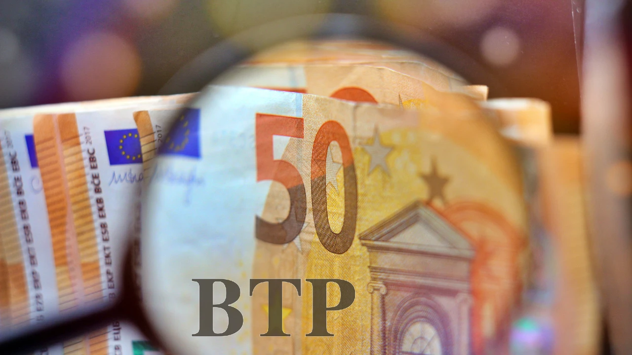 Una lente di ingrandimento si concentra su una pila di banconote da 50 euro, con la scritta "BTP" e "BTP Italia" sovrapposti nella parte inferiore dell'immagine.