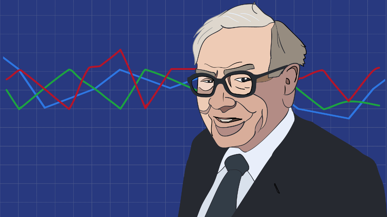 Illustrazione di Buffett, un uomo anziano con gli occhiali e un abito sorridente, con grafici a linee fluttuanti colorati e uno sfondo a griglia blu dietro di lui.