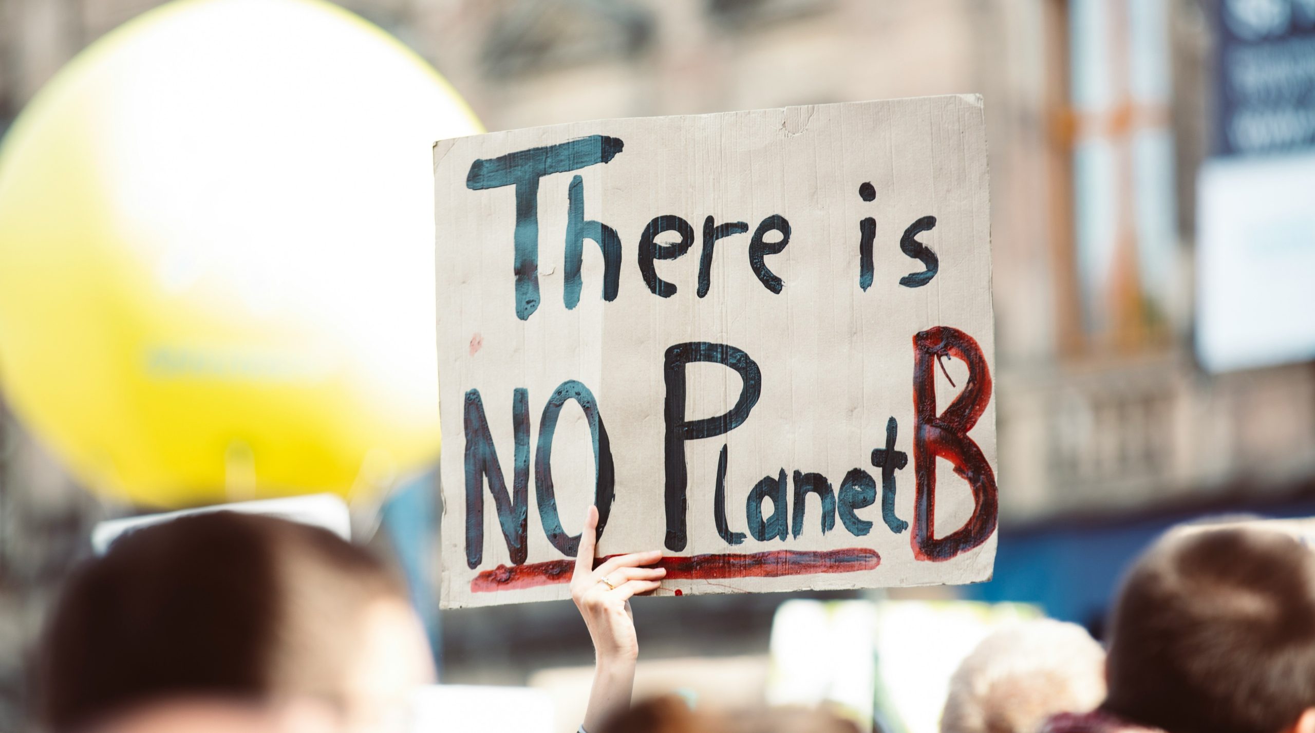 Una persona regge un cartello di protesta fatto a mano con la scritta "Non esiste un Pianeta B" durante una manifestazione pubblica contro il bilancio del cambiamento climatico. Sullo sfondo si vede una folla sfocata e un grande oggetto giallo.