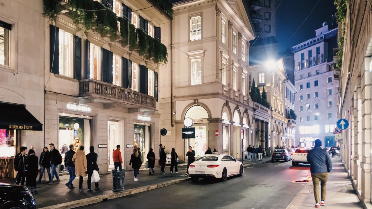 Via Monte Napoleone di notte, con vetrine di negozi di lusso illuminate, attira sempre più investitori interessati al settore retail del mercato immobiliare.