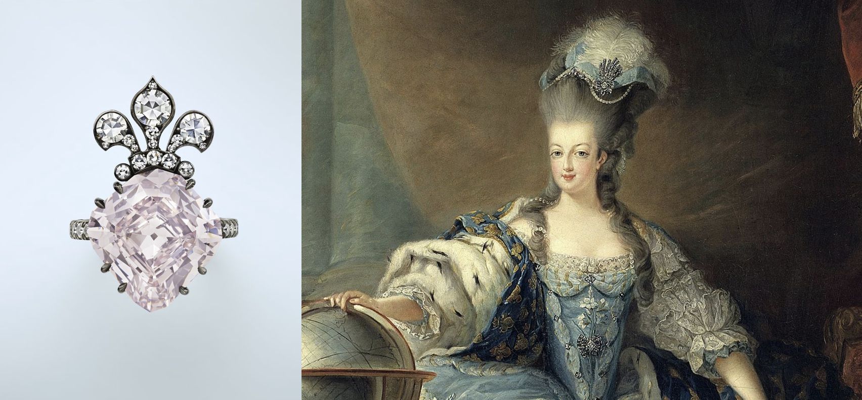 Un anello di diamanti rosa pallido, decorato con una parte superiore decorativa, è posto accanto a un ritratto classico di Maria Antonietta con un elaborato abito blu e bianco e un copricapo.