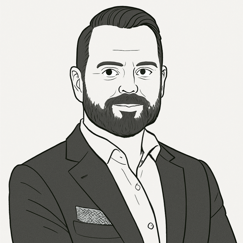 Un'illustrazione in bianco e nero di un uomo barbuto con giacca e camicia eleganti, i capelli ben acconciati, che guarda con sicurezza avanti a braccia incrociate.