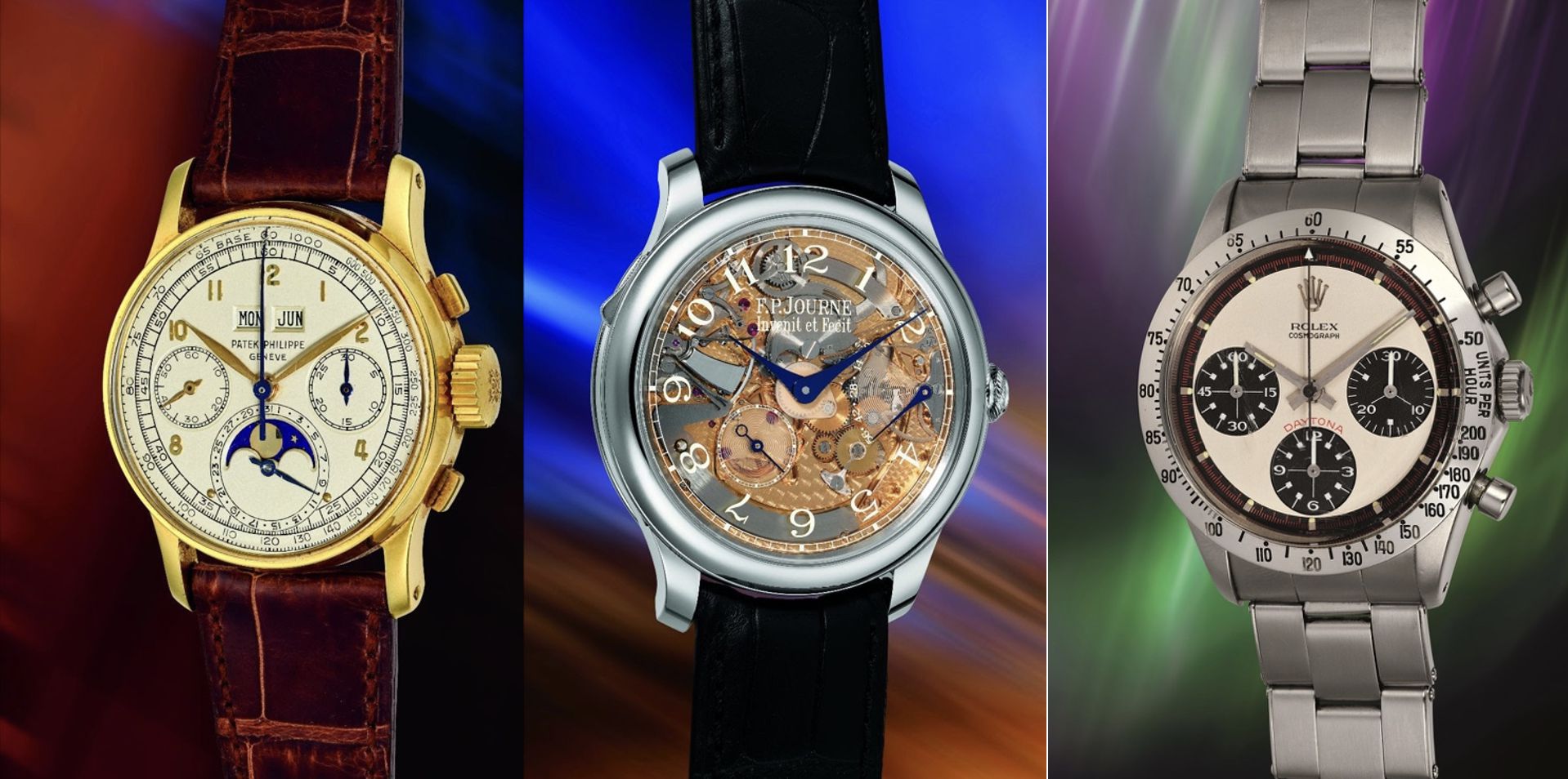 Tre orologi da polso di lusso esposti uno accanto all'altro: un orologio d'oro con cinturino in pelle marrone, un orologio scheletrato d'argento con cinturino in pelle nera e un cronografo d'argento con bracciale in metallo.