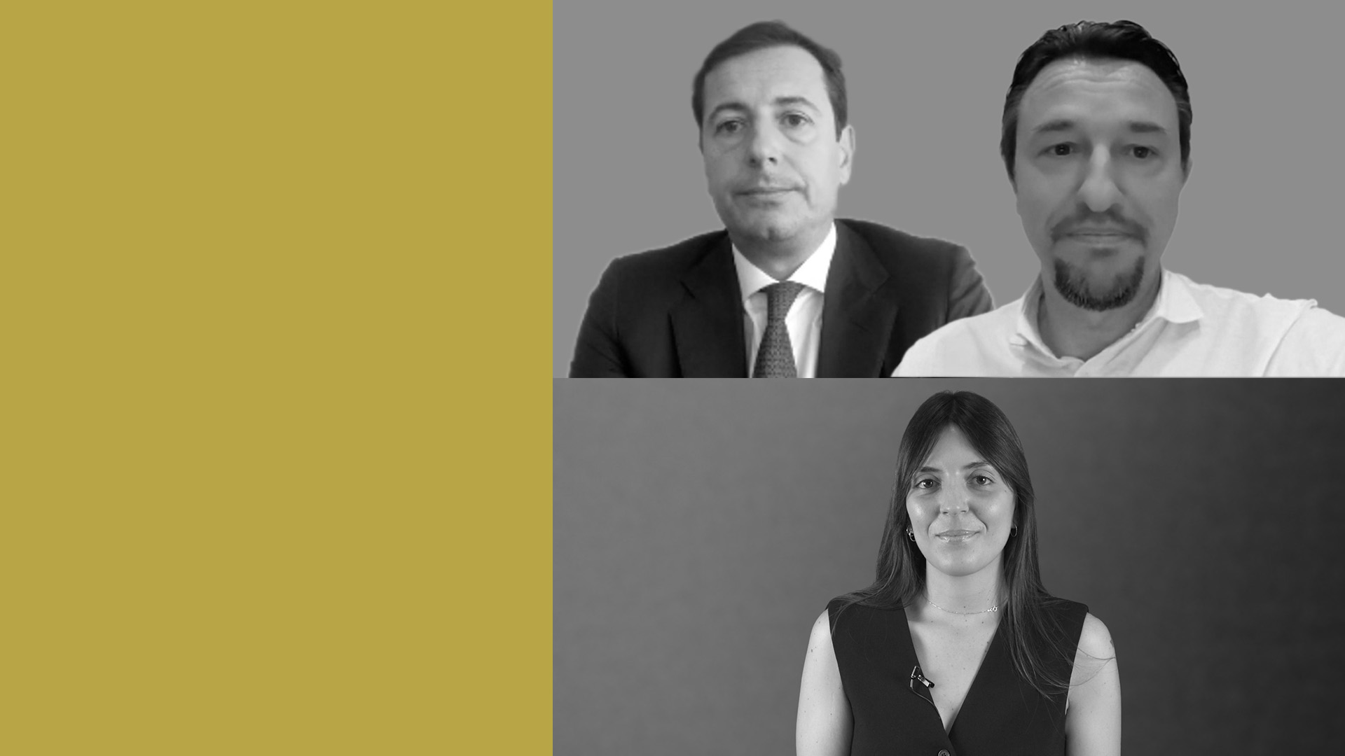 Tre persone in bianco e nero: due uomini in giacca e camicia si trovano nell'angolo in alto a destra, mentre una donna con una canottiera si trova in basso a destra; la metà sinistra dell'immagine è di un giallo senape uniforme.