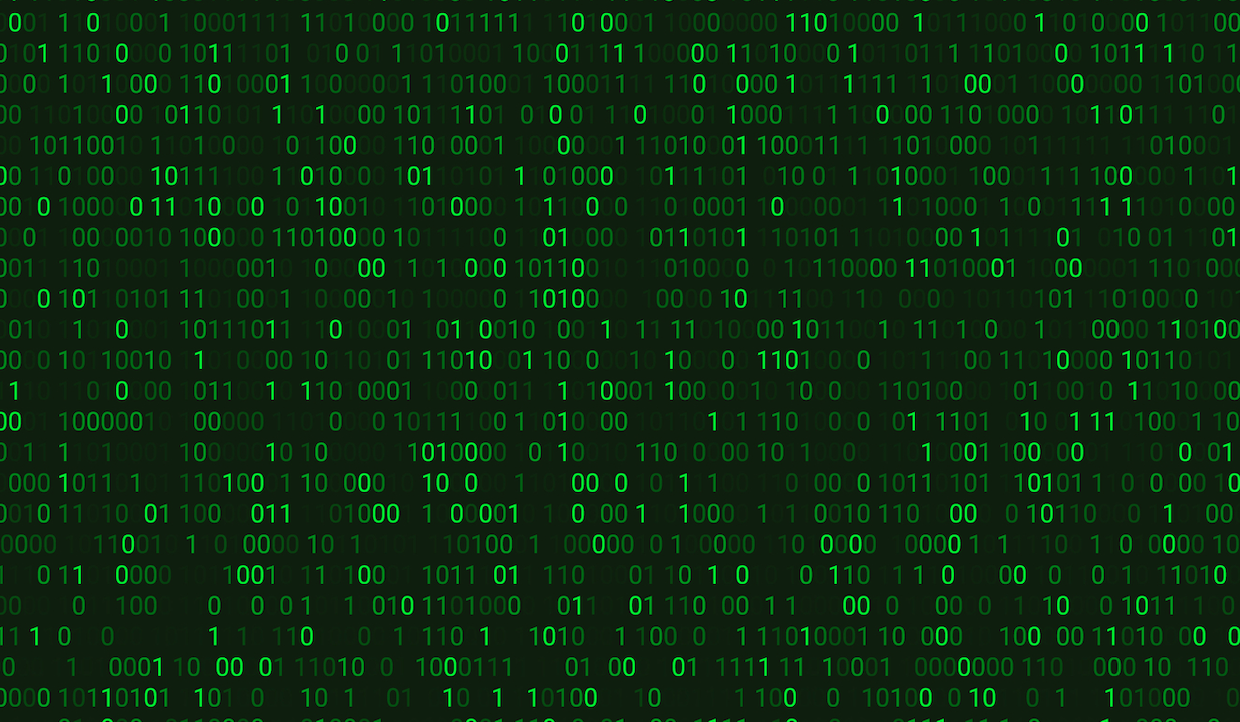 Il codice binario verde (numeri uno e zero) scorre su uno sfondo nero, ricordando l'effetto pioggia digitale dei film Matrix. Le cifre sono disposte in colonne verticali, creando un aspetto futuristico e incentrato sulla tecnologia.